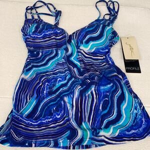 Profile by Gottex Blue Marble Style Tankini Top Strappy V-Neck Padded‎ Size 6